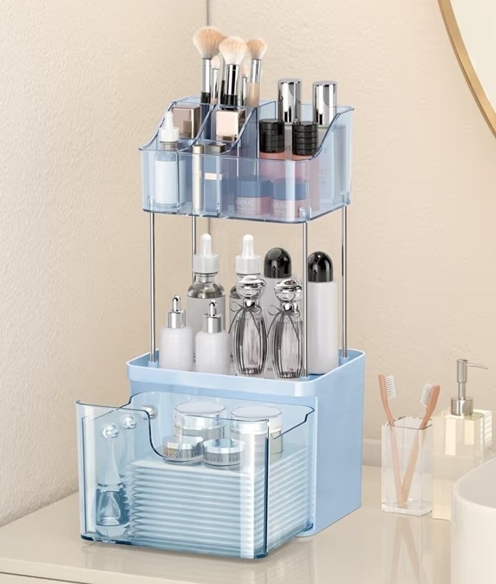 Makeup Organizer & Brush Holder Countertop 3 Tier Plastic Bathroom Vanity Blue